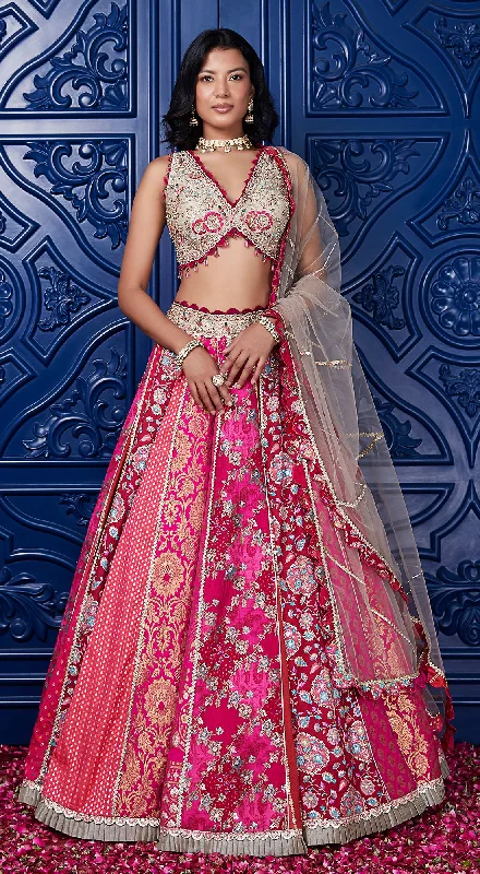 Plus-Size Dresses For Women Pink Banarasi Embroidered Lehenga Set