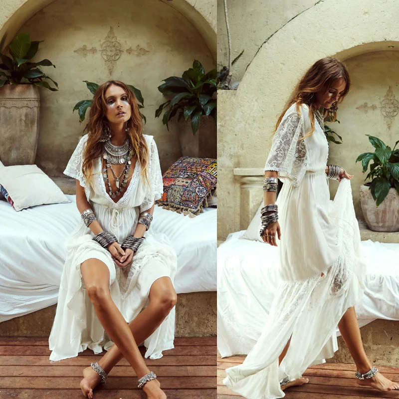 Vintage-Inspired Dresses Boho Summer White Lace Maxi Dress for Women, Cotton Bohemian Dress