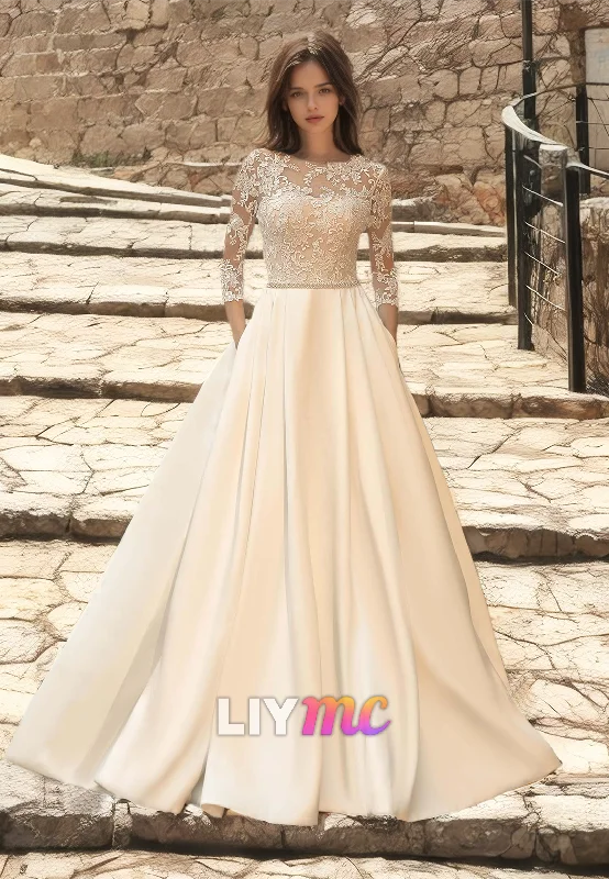 Chic Evening Dresses Bateau Long Sleeves Lace Appliques Pleated A-Line Wedding Dress