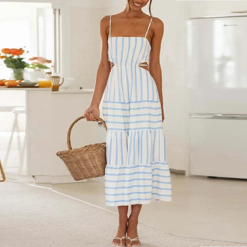 Casual Day Dresses Sexy Backless Lace-up Stripe Sling Skinny Bra Midi Dress