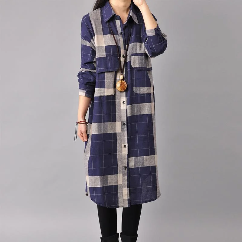 Soft Cotton Dresses Elegant blue cotton dresses trendy plus size cotton maxi dress 2018 lapel collar plaid cotton dress