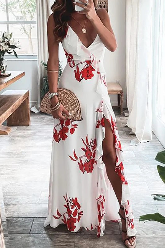 Elevated Party Dresses Sexy Print Patchwork Slit Spaghetti Strap Long Dress Dresses