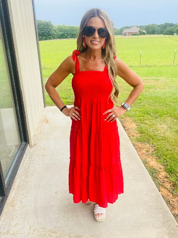 Bold Colored Dresses OCEAN BREEZE IN RED MIDI DRESS