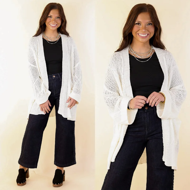 Women's Trench Coats Fashionable Comfort Knit Cardigan with Pockets in Ivory