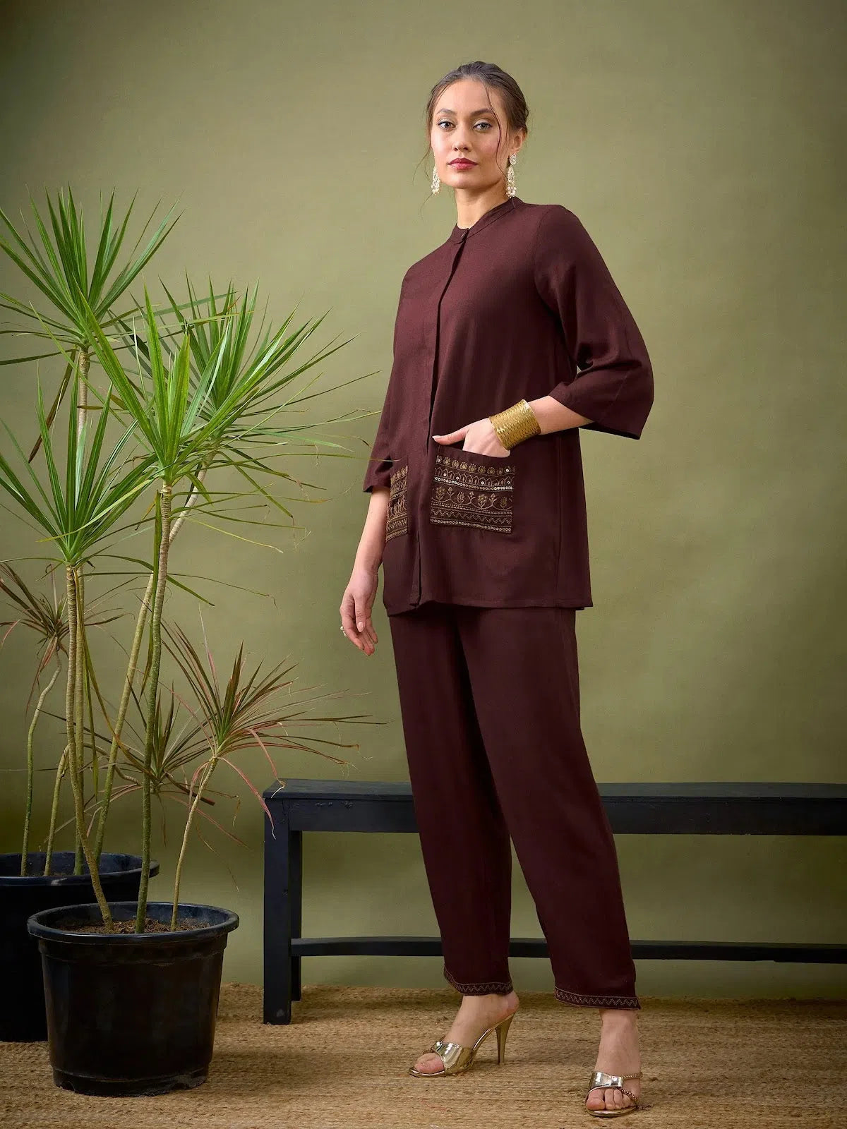 Vintage-Inspired One-Piece Dresses Women Brown Embroidered Pocket Shirt With Palazzos