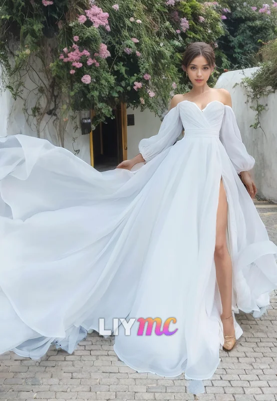 Women's Holiday Dresses Off-Shoulder Long Sleeves Chiffon A-Lien Beach Wedding Dress