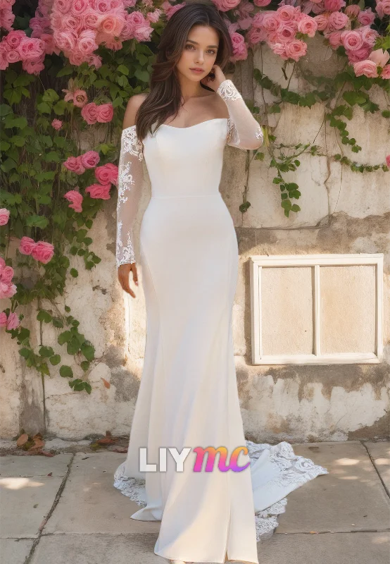 Bold Colored Dresses Off-Shoulder Long Sleeves Appliques Sleek Mermaid Wedding Dress