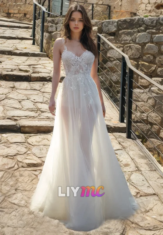 Elegant Evening Gowns Sweetheart Spaghetti Straps Appliques Tulle Sheer A-Line Beach Wedding Dress