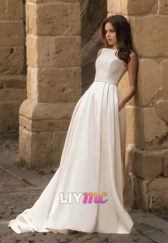 Chic Trench Dresses Bateau Sleeveless Appliques Pleated Satin A-Line Wedding Dress