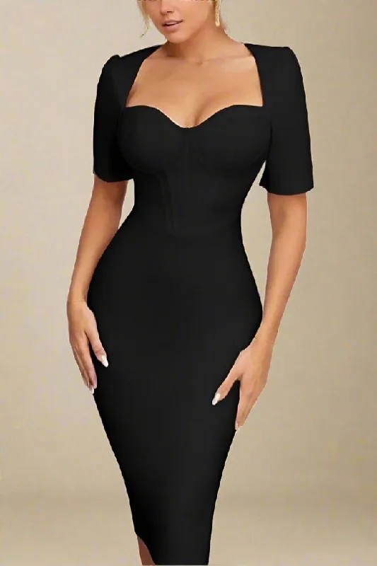 Dressy Evening Dresses Lola Short Sleeve Bodycon Midi Dress - Classic Black