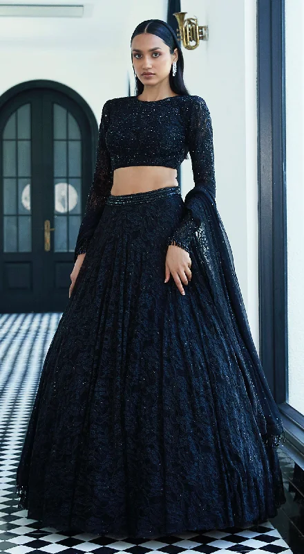 Colorful Summer Dresses Black Chantilly Net Embroidered Lehenga Set