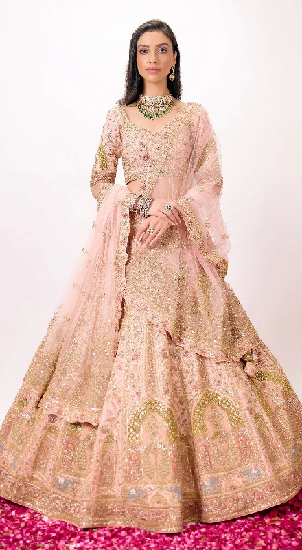 Formal Occasion Dresses Peach Silk Embroidered Lehenga Set