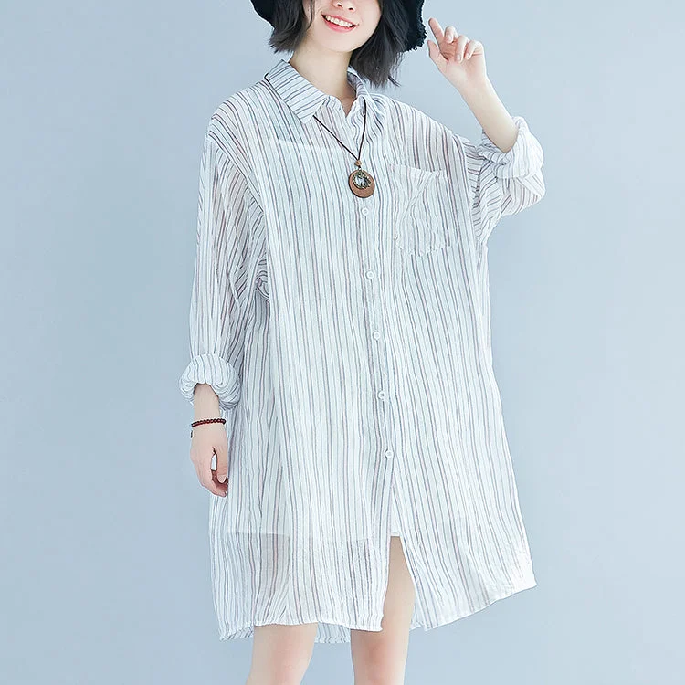 Formal Dresses For Women boutique striped cotton dress oversized vintage long sleeve Turn-down Collar cotton dress