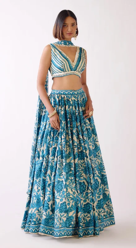 Casual Day Dresses Blue Floral Lehenga Set