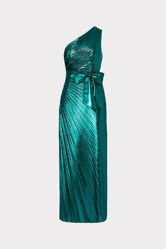 Elegant Evening Gowns Estelle Pleated Lamé Dress