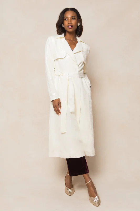 Chic Belted Outerwear Angelica Trench in White Sequin - FINAL SALE