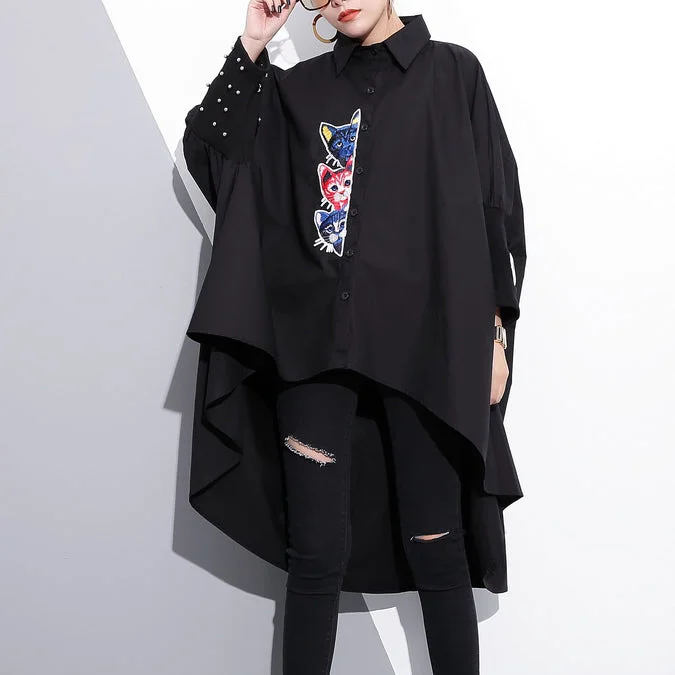 Formal Dresses For Women boutique black embroidery cotton tops oversized traveling clothing vintage low high batwing sleeve cotton t shirt