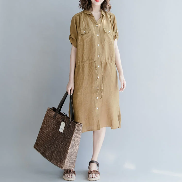 Plus-Size Dresses For Women women brown linen dress oversize linen dress boutique short sleeve pockets Turn-down Collar linen dress