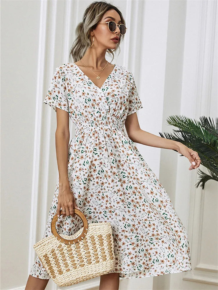 Women's Outdoor Dresses Floral Chic Short Sleeve Women's Fashionable Long Midi Dress