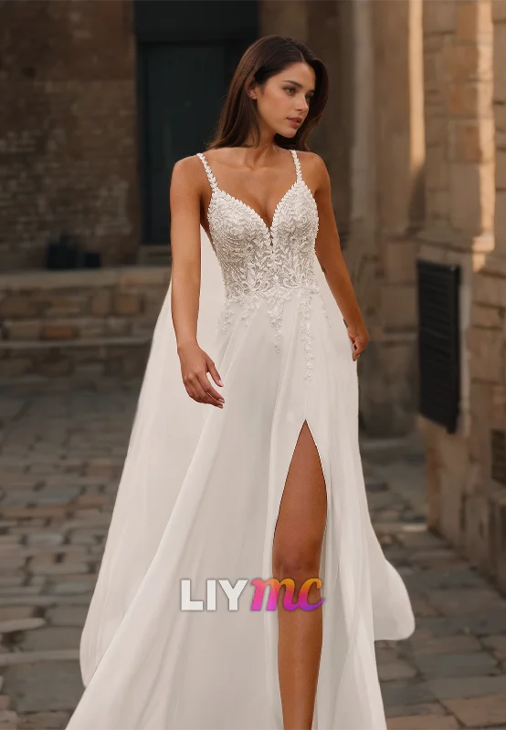 Elevated Party Dresses V-Neck Straps Appliques A-Line Wedding Dress