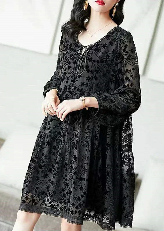 Stylish Summer Dresses Casual Black O-Neck Velour Dresses Spring