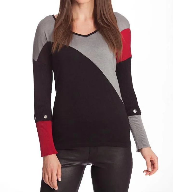 Trendy Knit Tops For Women Color Block V-Neck Sweater In Black Multi