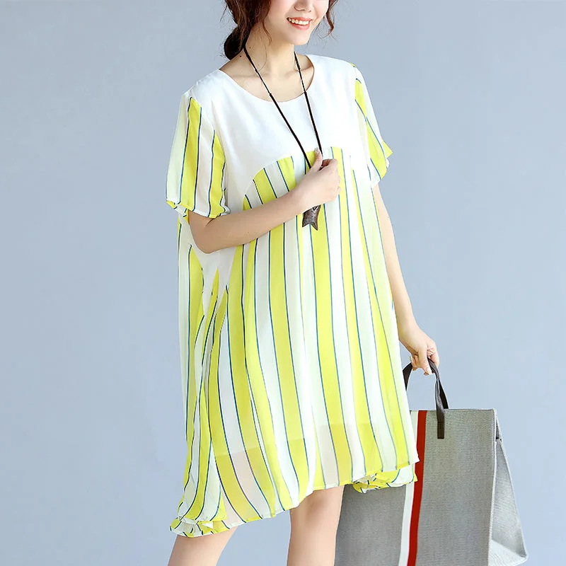 Chic Evening Dresses women yellow striped  chiffon dress oversized chiffon patchwork o neck chiffon clothing dresses