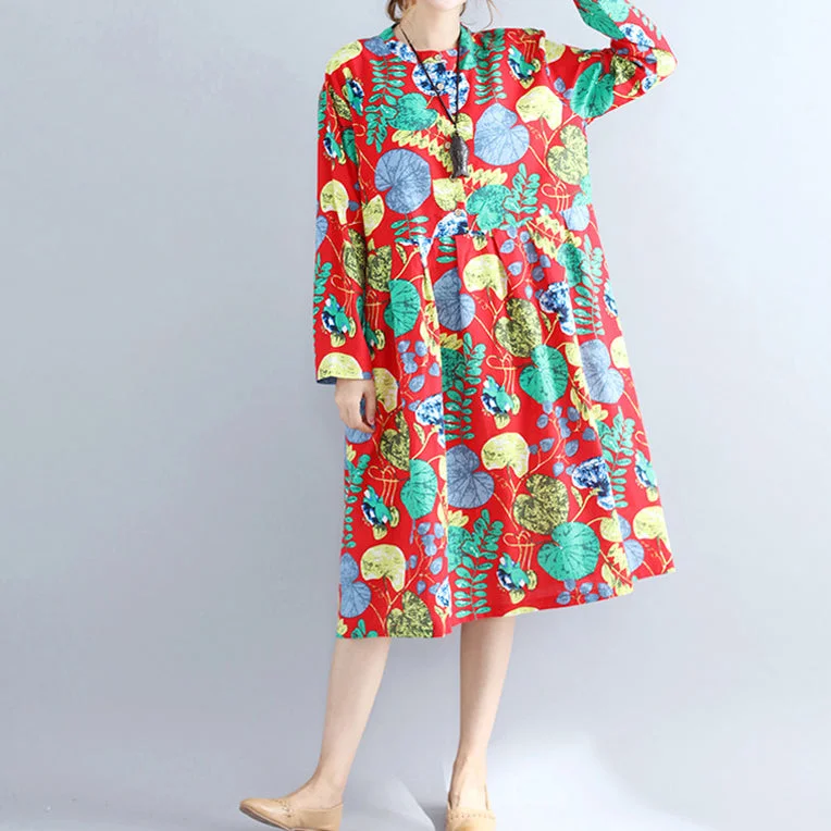 Cute Summer Dresses Elegant red prints pure linen dresses casual maxi dress women long sleeve patchwork midi dress