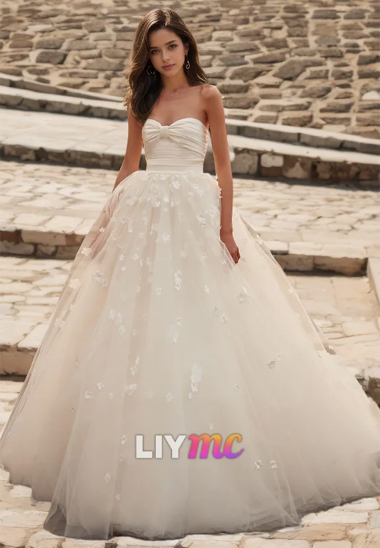 Elegant Evening Gowns Sweetheart Strapless Floral Embellished Tulle Ball Gown Wedding Dress