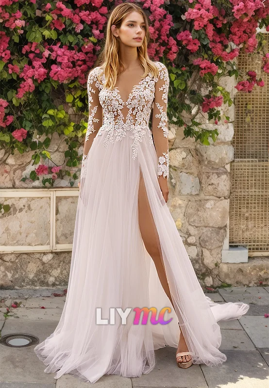 Colorful Summer Dresses V-Neck Long Sleeves Appliques Tulle A-Line Beach Wedding Dress