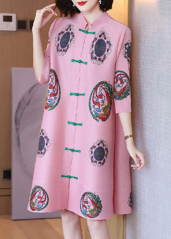 Comfortable Casual Dresses Women Pink Stand Collar Print Chiffon A Line Dress Half Sleeve