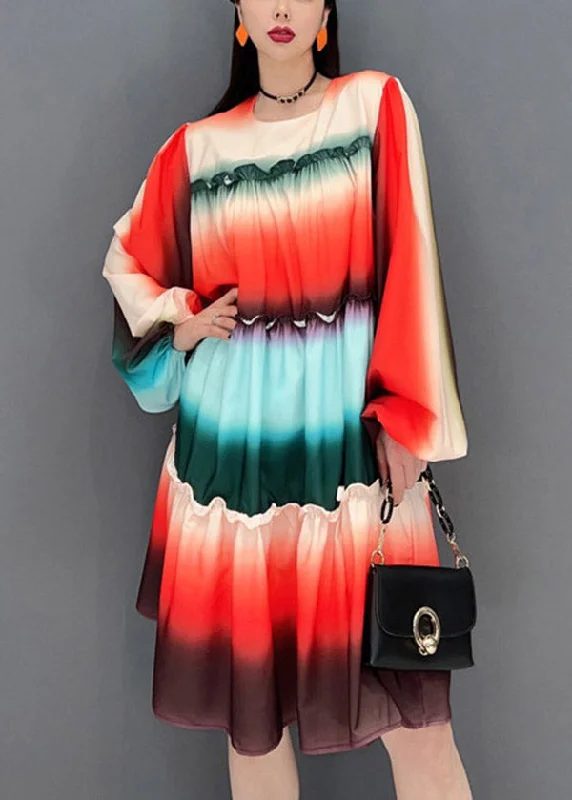 Bold Colored Dresses Casual Gradient color O-Neck Ruffled Patchwork A Line Dresses Long Sleeve