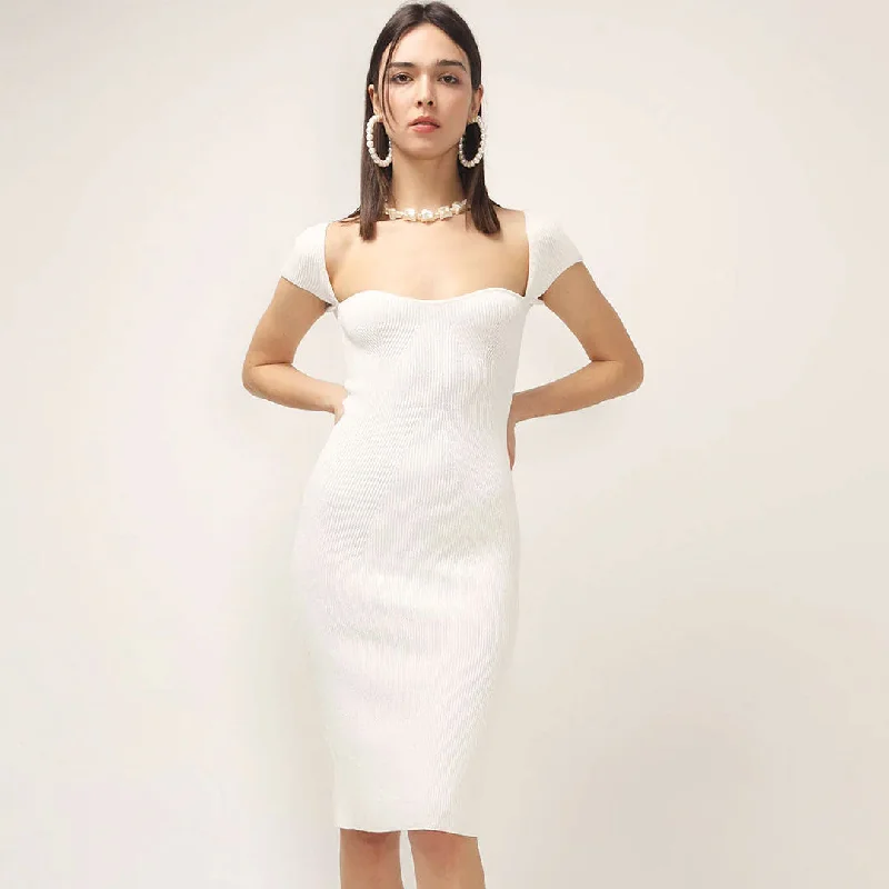 Women's Holiday Dresses Sweetheart Neck Cap Sleeve Ribbed Knit Bodycon Midi Dress - White