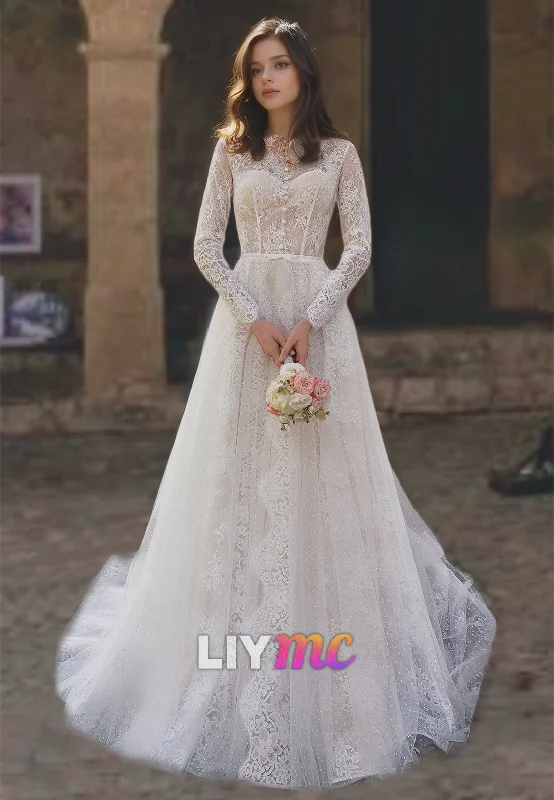 Vintage-Inspired Dresses Bateau Long Sleeves Appliques Tulle A-Line Wedding Dress