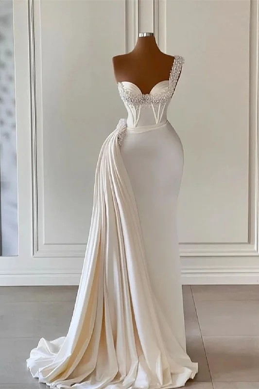 Elegant Evening Gowns Long White Women Satin Mermaid Wedding Dresses with Pearls Abito Da Sposa