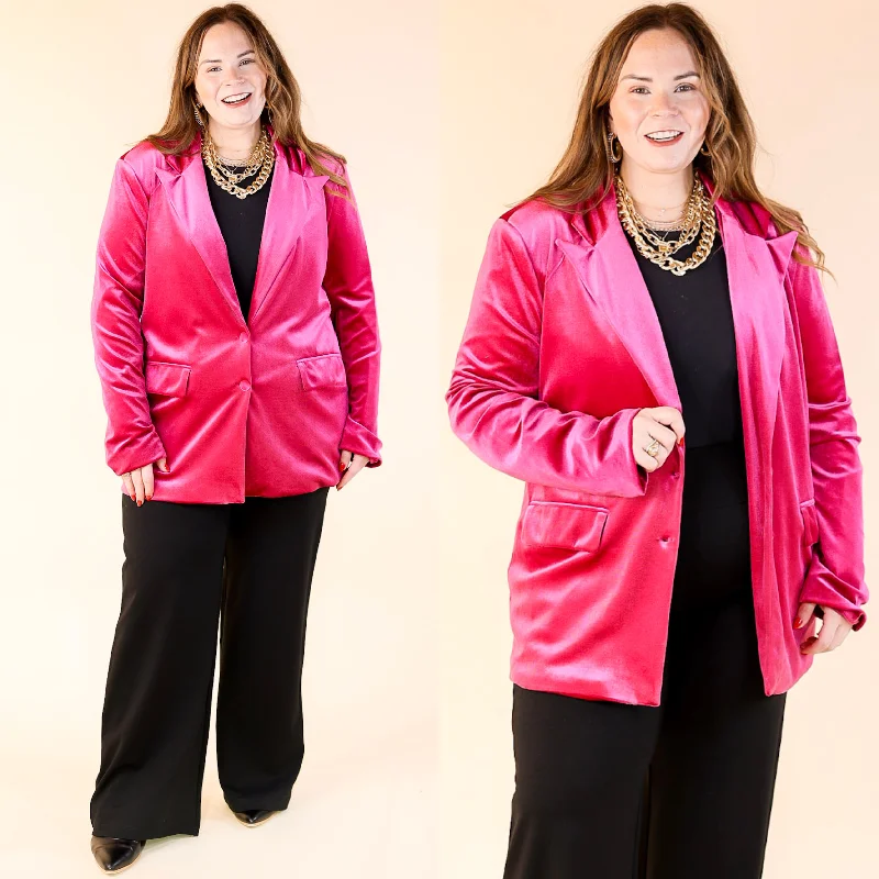 Cozy Outerwear Coats For Winter Touch Of Luxury Long Sleeve Velvet Blazer in Fuchsia Pink