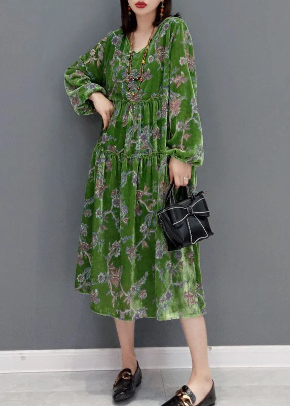 Comfortable Casual Dresses Natural Green V Neck Hooded Velour Dress Spring