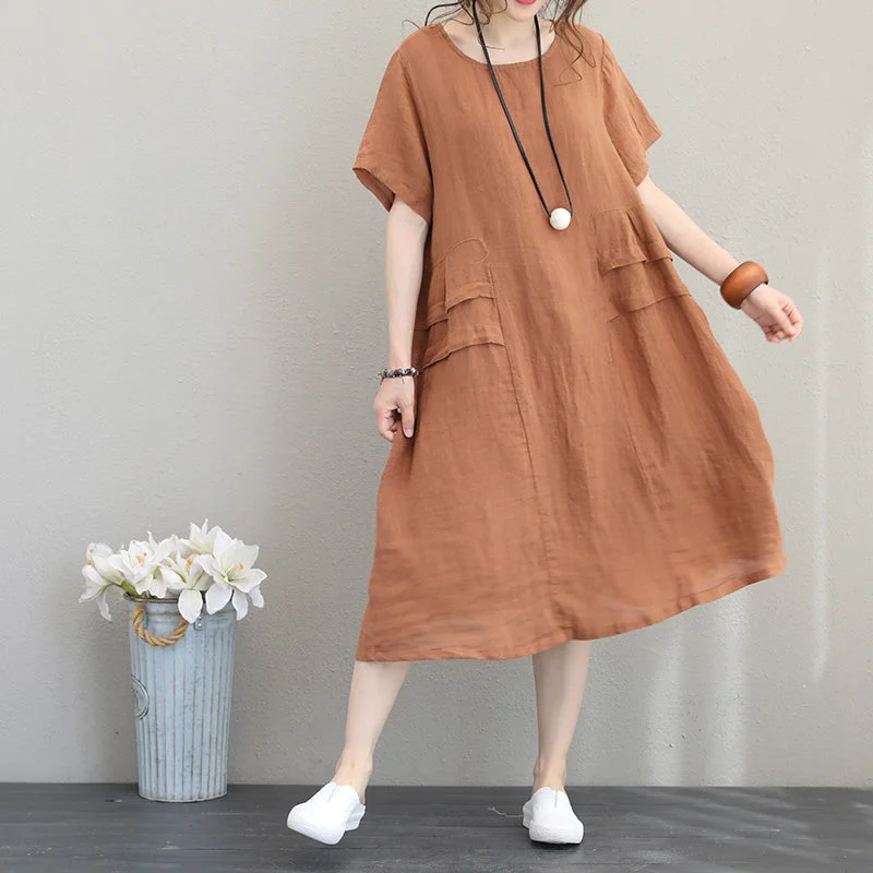 Elegant Evening Gowns Elegant orange khaki linen shift dresses oversized linen cotton dress 2018 o neck patchwork cotton dresses