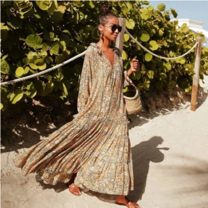 Bold Colored Dresses Bohemian Floral Summer Maxi Dress for Women, Boho Dress