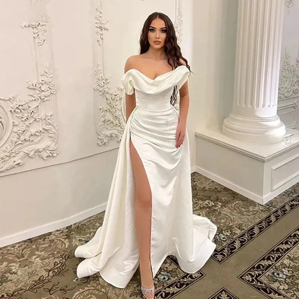 Casual Day Dresses Elegant Satin Wedding Dresses For Bride Ribbons Princess Backless Off Shoulder High Split Civil Bridal Gowns Chapel Train