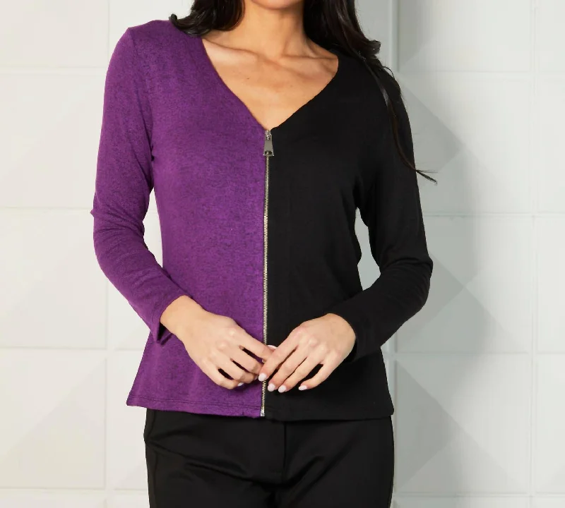 Chunky Knit Tops For Women Color Block V-Neck Zip Cardigan In Black/violet