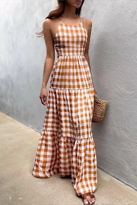 Formal Occasion Dresses Casual Vacation Plaid Frenulum Backless Halter Dresses