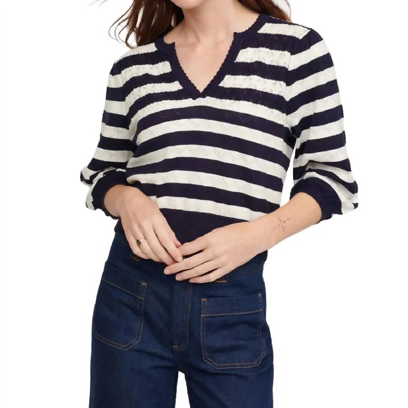 Elegant Knit Tops For Women Peace Stripe Novelty Vee Sweater In Midnight Multi