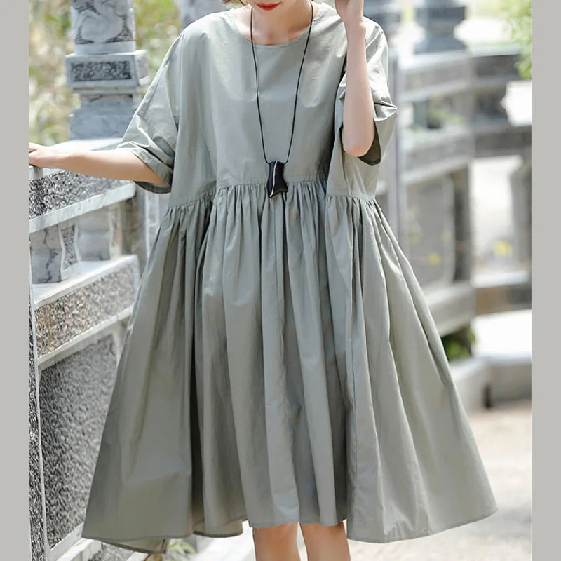 Elevated Party Dresses boutique gray cotton casual holiday dresses New short sleeve Cinched O neck baggy dresses