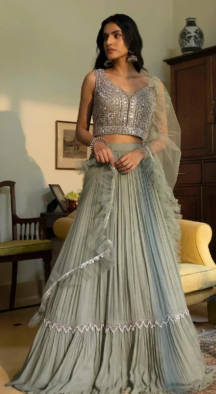 Comfortable Casual Dresses Slate grey pleated lehenga with applique mirror emboidered blouse