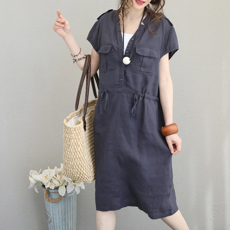 Vintage-Inspired Dresses boutique gray blue Midi linen dresses oversize traveling dress vintage short sleeve v neck tie waist natural linen dress