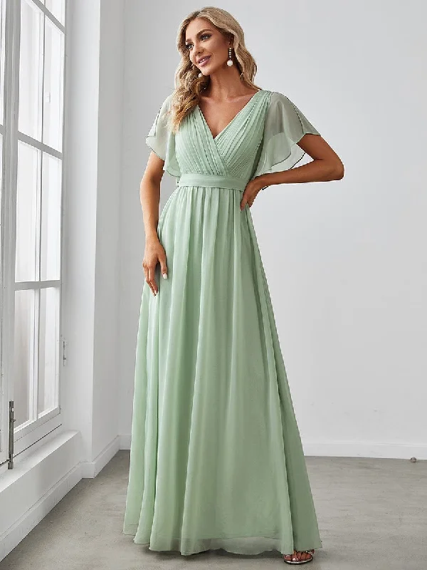 Casual Day Dresses V-Neck Flutter Sleeve Floor-Length A-Line Chiffon Evening Dress