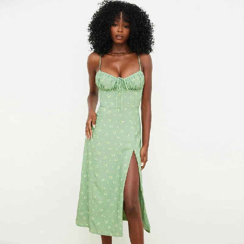 Women's Holiday Dresses Daisy Printed Tied Bustier High Slit Slip Midi Dress - Light Green