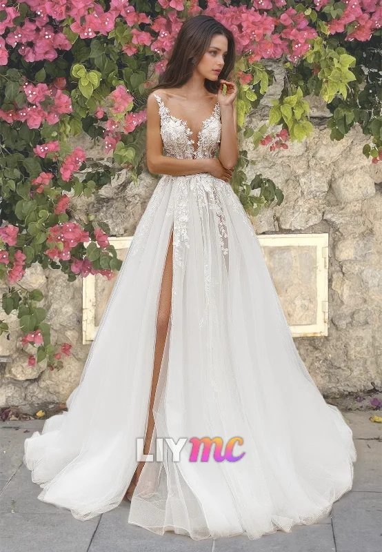 Vintage-Inspired Dresses V-Neck Sleeveless Straps Appliques Tulle A-Line Wedding Dress