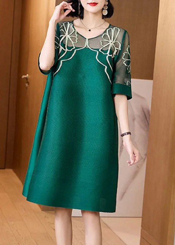 Women's Holiday Dresses Style Green O-Neck Hollow Out Print Silk A Line Dresses Short Sleeve